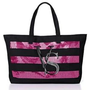 Victoria's Secret HUGE Zippered Tote, Black with Hot Pink Sequins